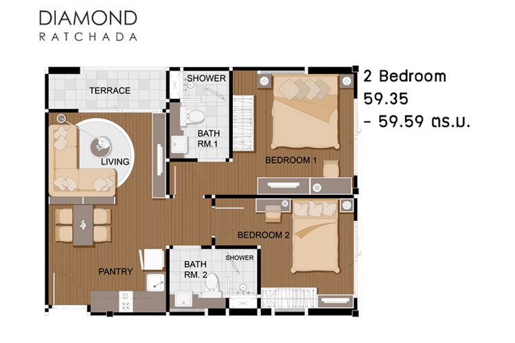 2 Bedroom ในโครงการ ไดมอนด์ รัชดา, ภาพที่ 4